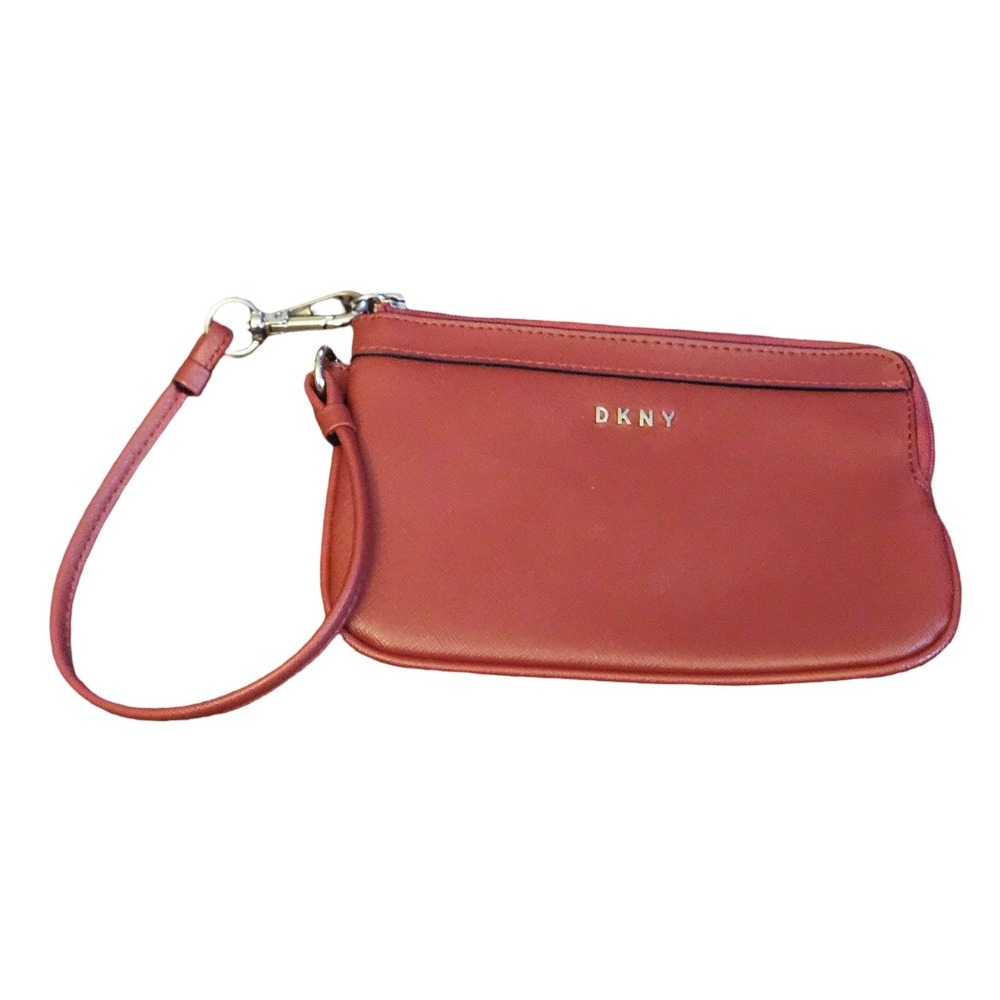 DKNY Red Saffiano Leather Zip Top Wristlet‎ Pouch Gold Logo Accessory